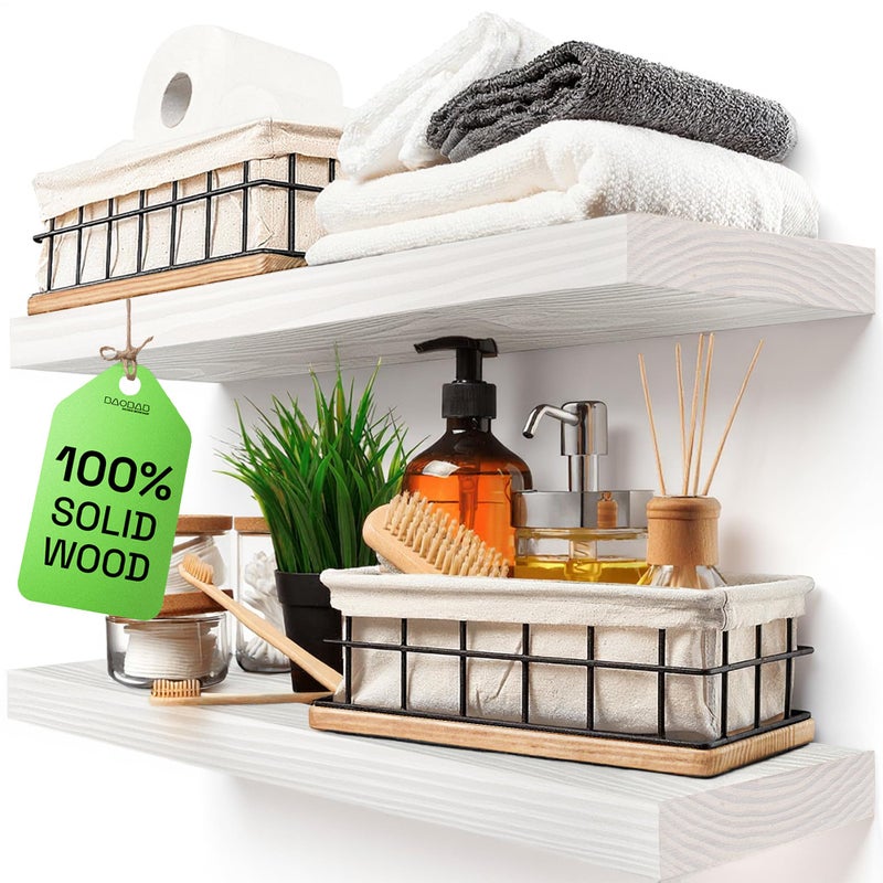 BAOBAB WORKSHOP Wood Floating Shelves for Bathroom Wall - White Shelves for Bedroom Kitchen Living Room - Solid Wood Shelves - White - 24 x 6.7 Inch, Set of 2 - Image 1